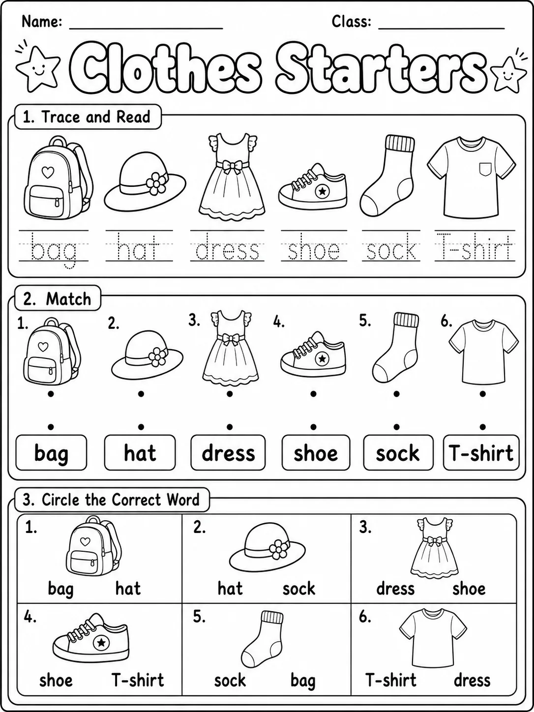 Clothes Starters Vocabulary Worksheet Pack printable Starters English worksheet bundle preview from KiwiBee
