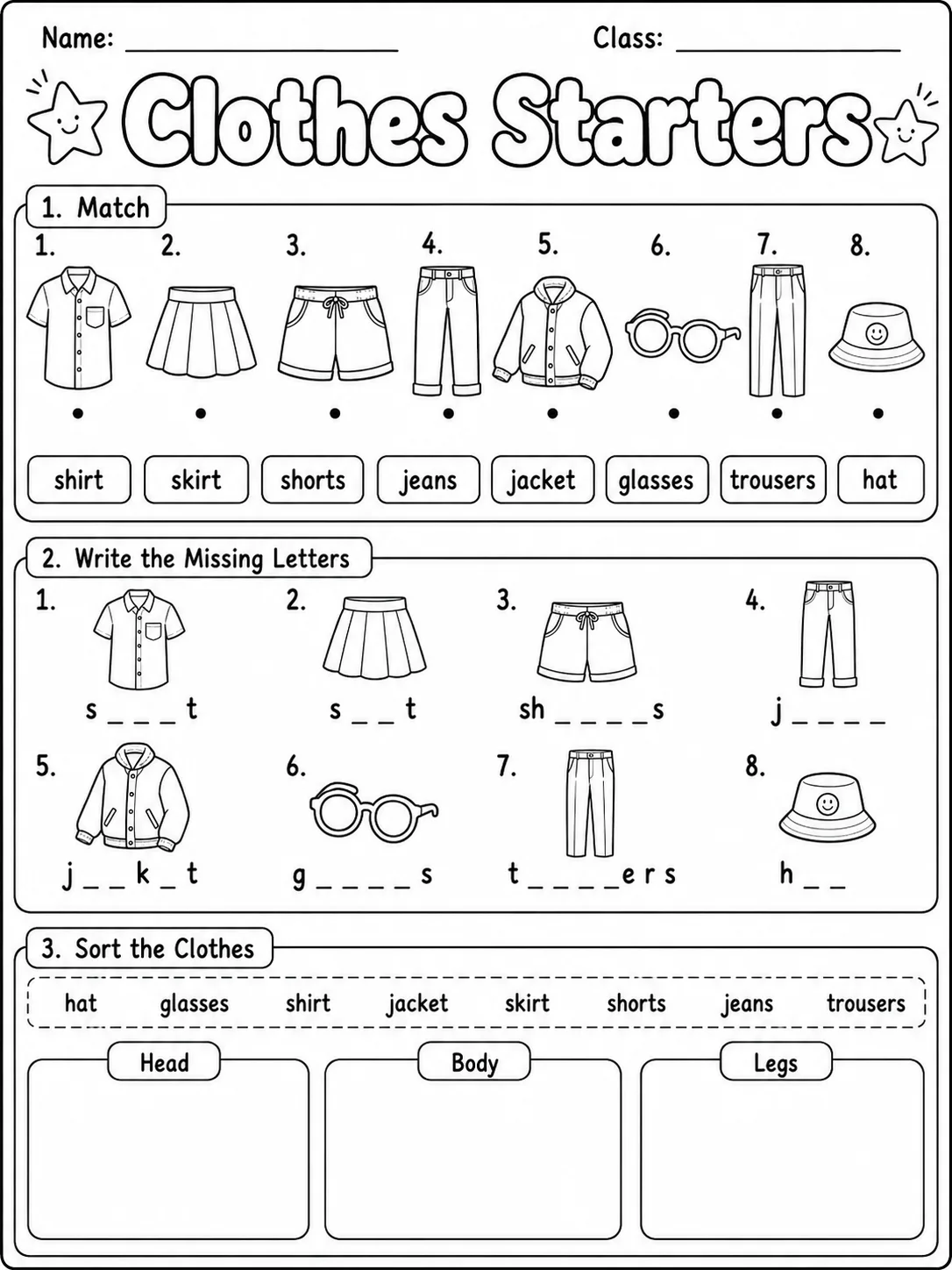 Clothes Starters Vocabulary Worksheet Pack page 2 printable worksheet preview
