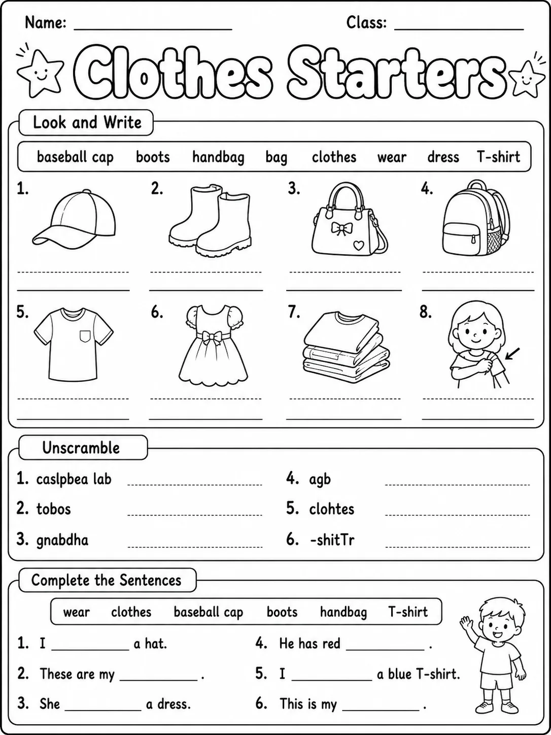 Clothes Starters Vocabulary Worksheet Pack page 3 printable worksheet preview
