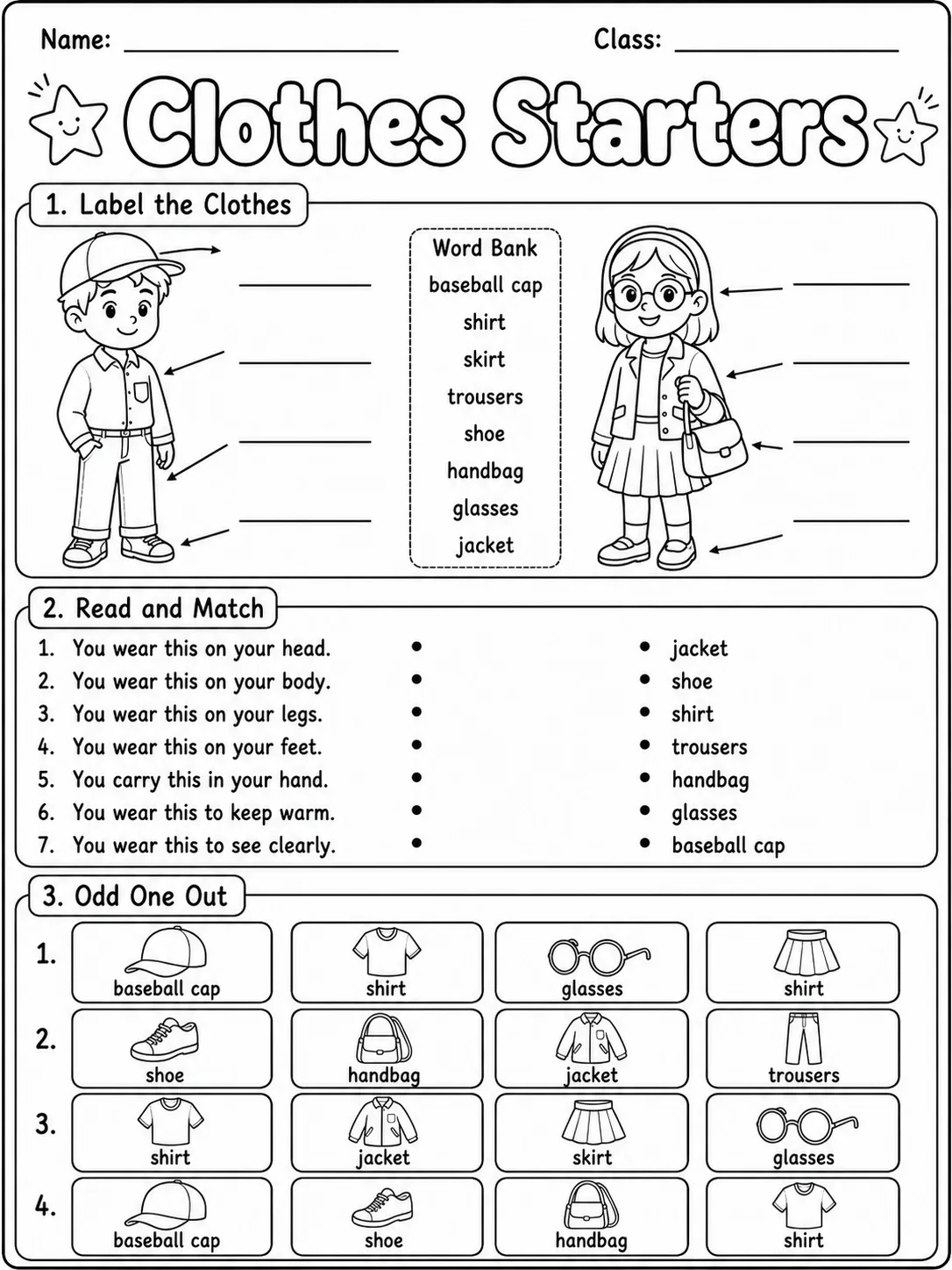 Clothes Starters Vocabulary Worksheet Pack page 4 printable worksheet preview