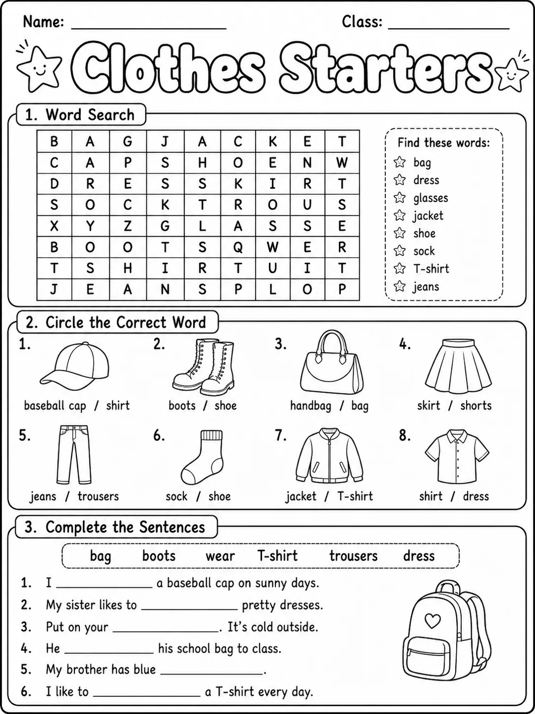 Clothes Starters Vocabulary Worksheet Pack page 5 printable worksheet preview