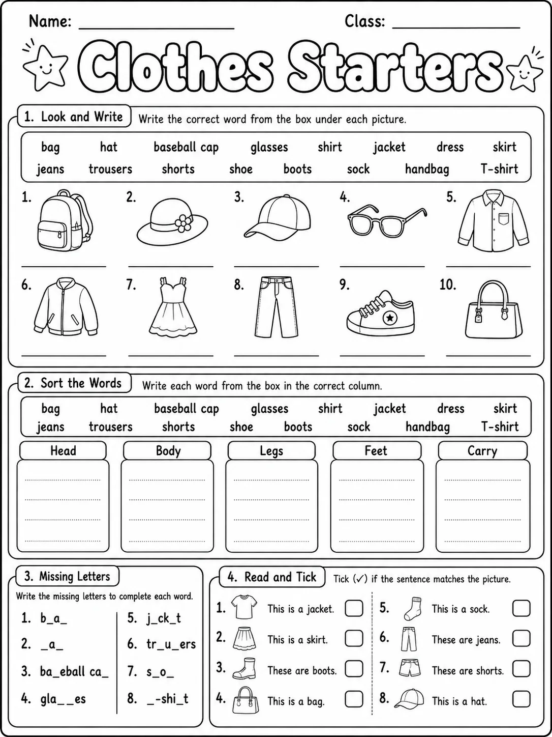 Clothes Starters Vocabulary Worksheet Pack page 6 printable worksheet preview