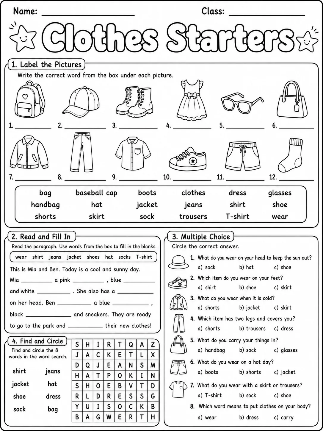 Clothes Starters Vocabulary Worksheet Pack page 9 printable worksheet preview
