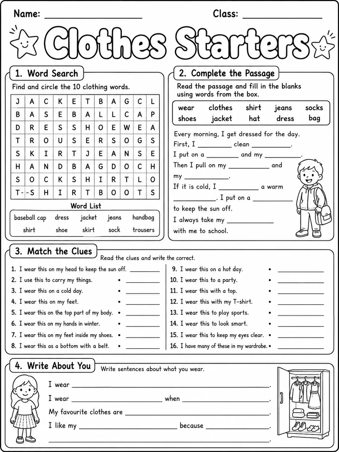 Clothes Starters Vocabulary Worksheet Pack page 10 printable worksheet preview