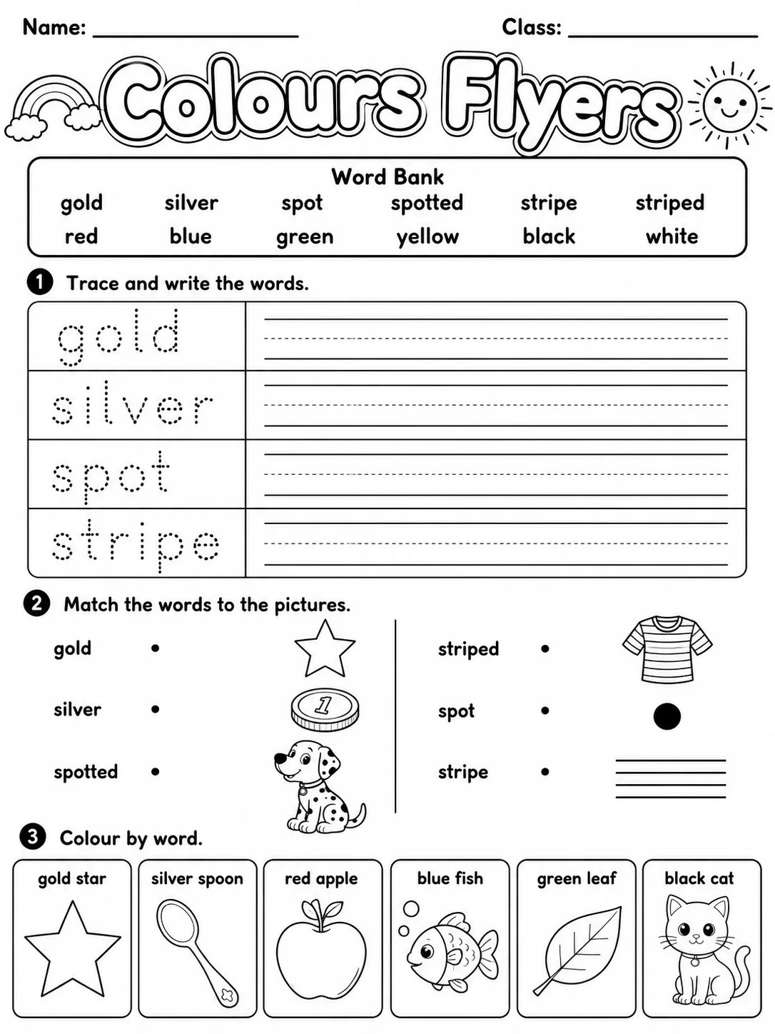 Colours Flyers Vocabulary Worksheet Pack printable Flyers English worksheet bundle preview from KiwiBee