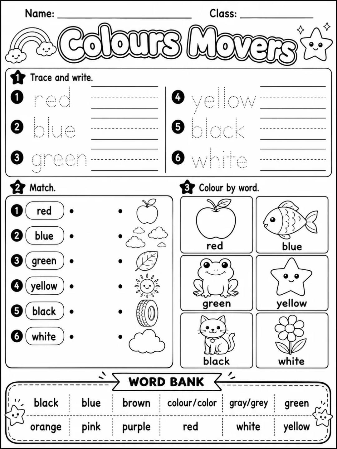 Colours Movers Vocabulary Worksheet Pack printable Movers English worksheet pack preview from KiwiBee