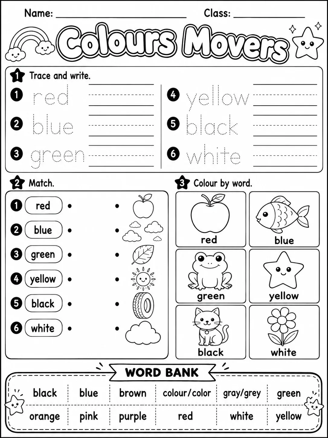 Colours Movers Vocabulary Worksheet Pack printable Movers English worksheet bundle preview from KiwiBee