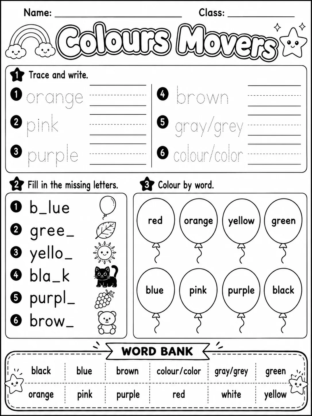 Colours Movers Vocabulary Worksheet Pack page 2 printable worksheet preview