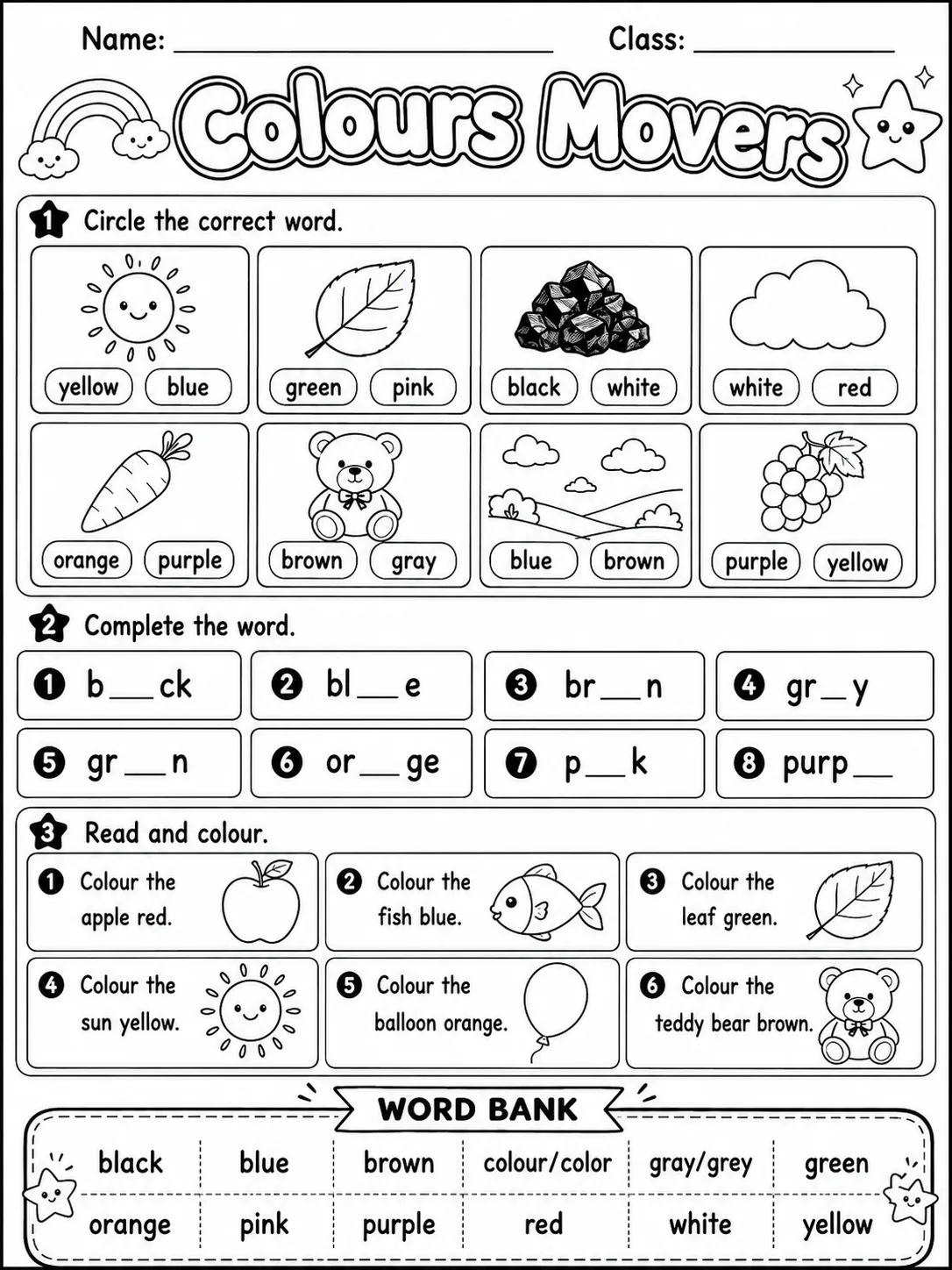 Colours Movers Vocabulary Worksheet Pack page 3 printable worksheet preview