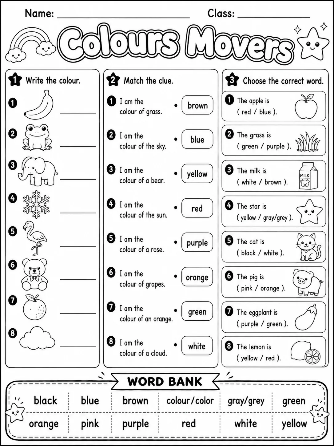 Colours Movers Vocabulary Worksheet Pack page 4 printable worksheet preview