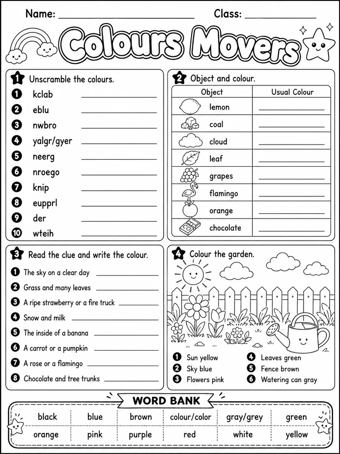 Colours Movers Vocabulary Worksheet Pack page 7 printable worksheet preview