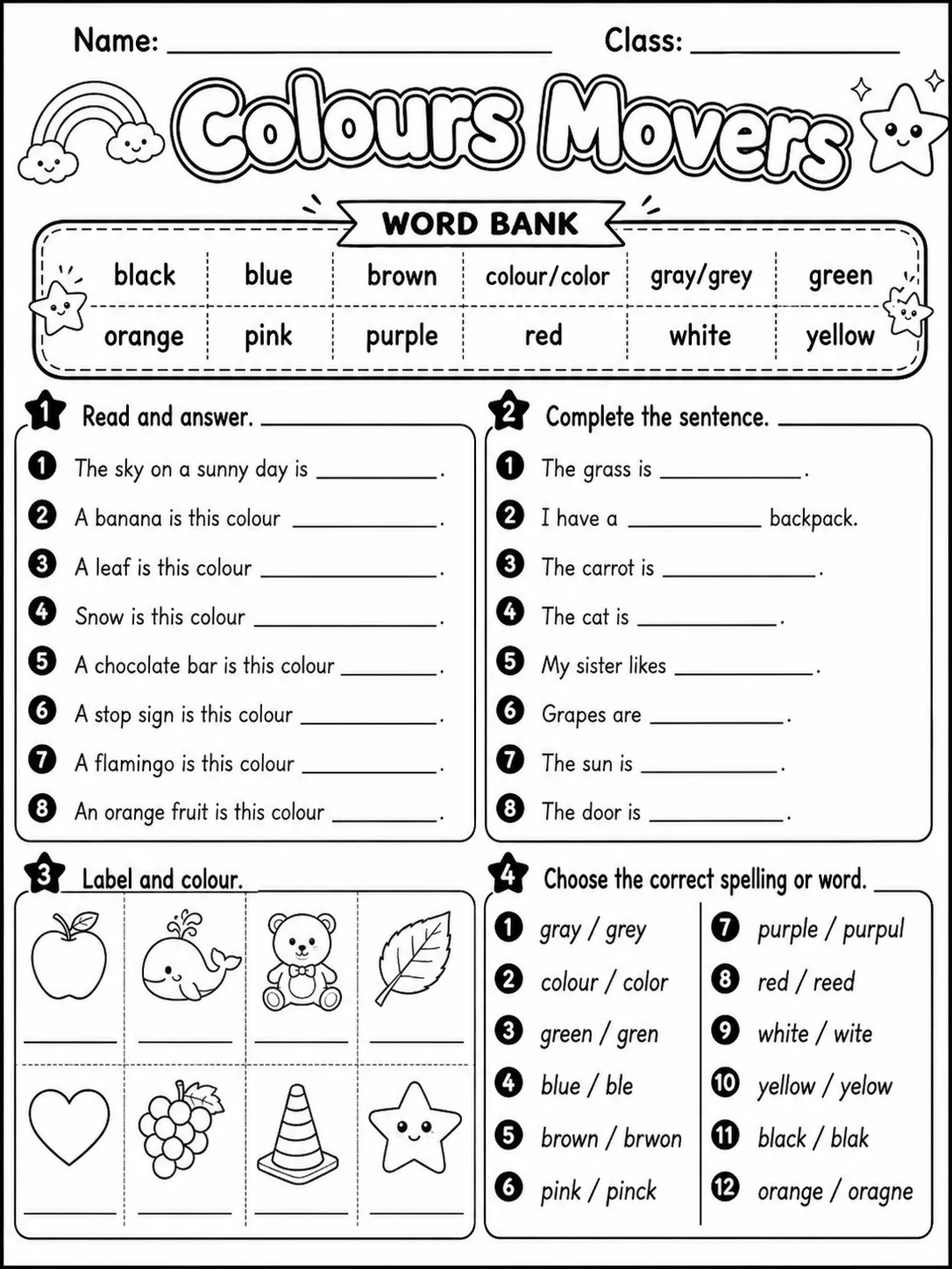 Colours Movers Vocabulary Worksheet Pack page 8 printable worksheet preview