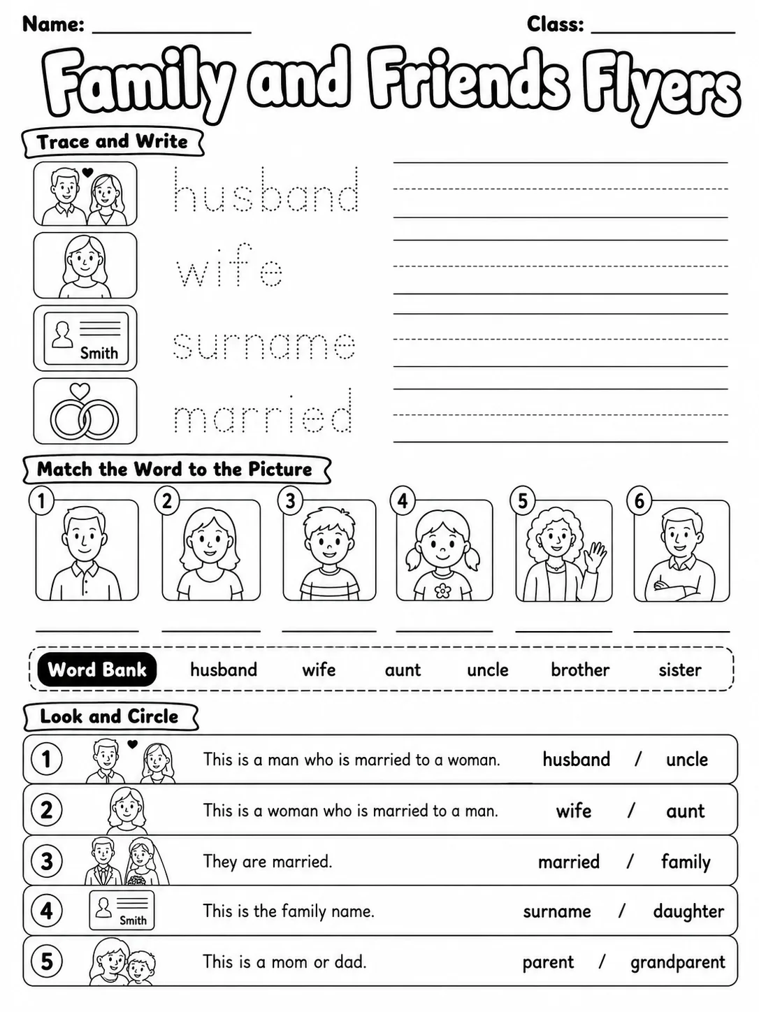 Family and Friends Flyers Vocabulary Worksheet Pack printable Flyers English worksheet bundle preview from KiwiBee