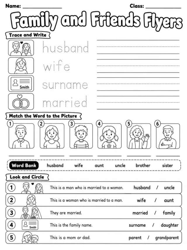 Family and Friends Flyers Vocabulary Worksheet Pack