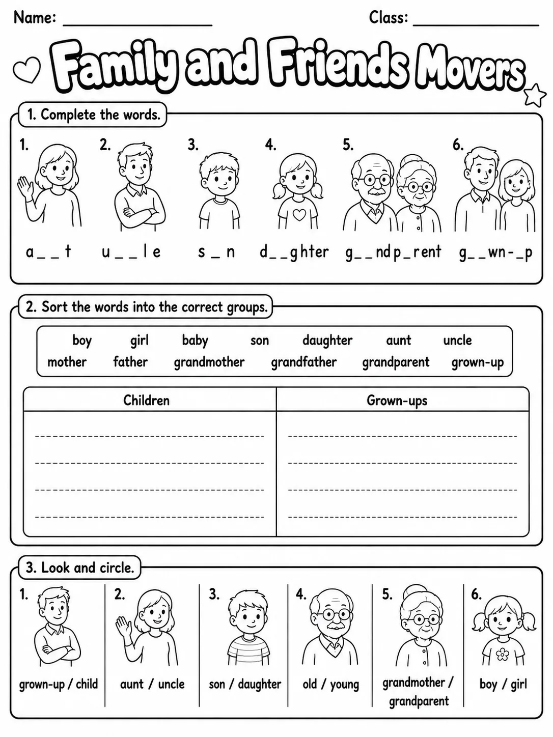 Family and Friends Movers Vocabulary Worksheet Pack page 3 printable worksheet preview