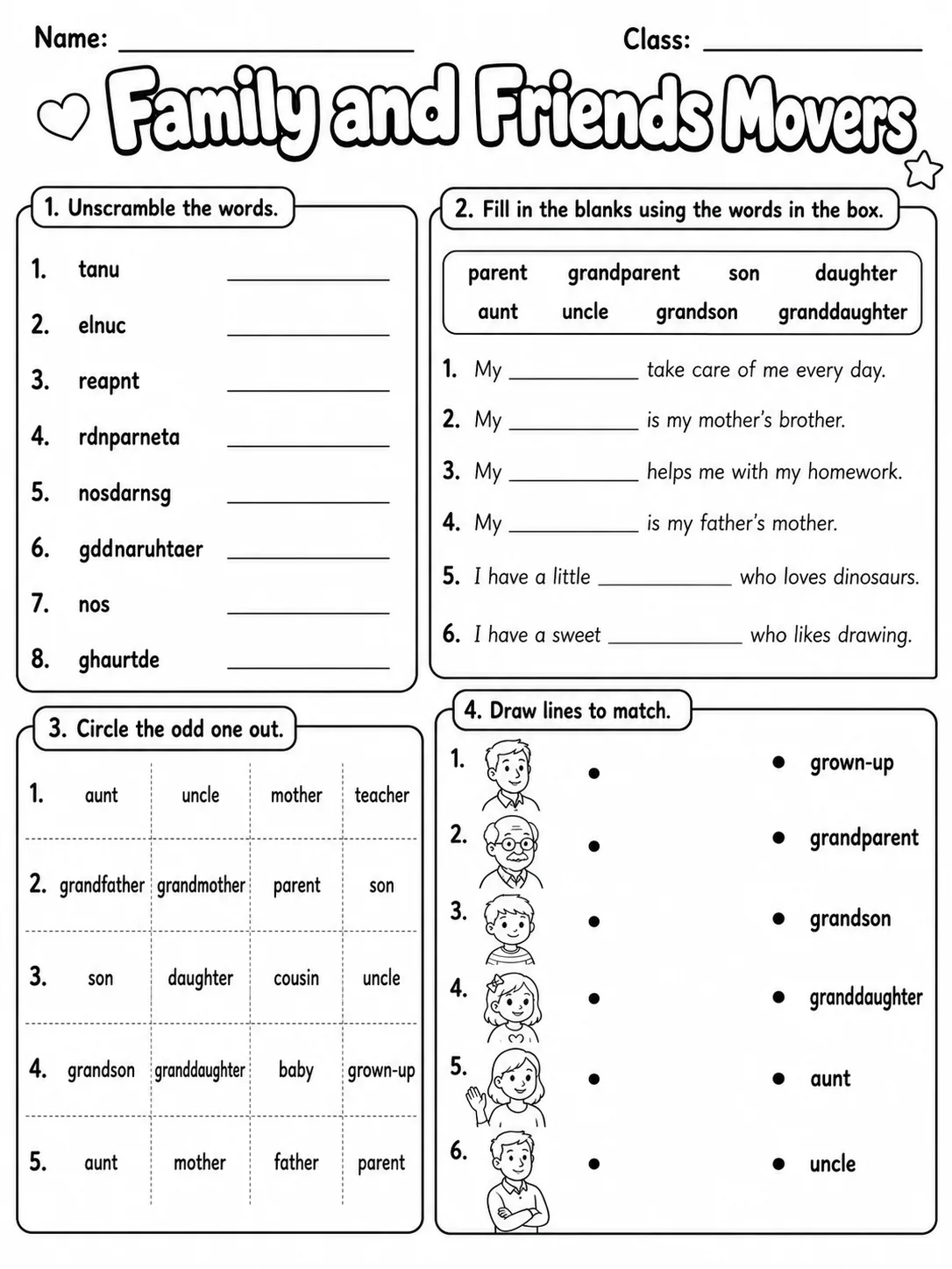 Family and Friends Movers Vocabulary Worksheet Pack page 6 printable worksheet preview