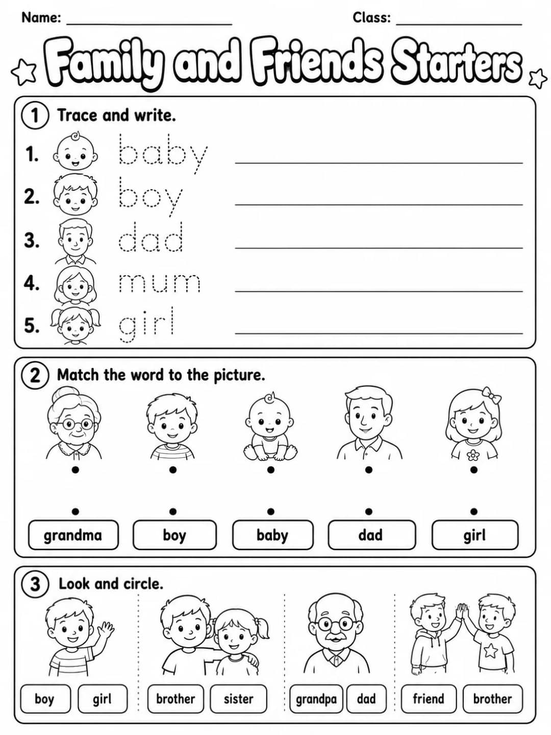 Family and Friends Starters Vocabulary Worksheet Pack printable Starters English worksheet pack preview from KiwiBee