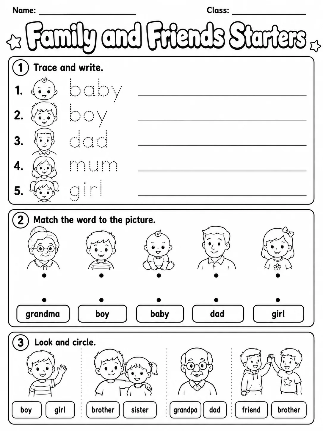 Family and Friends Starters Vocabulary Worksheet Pack printable Starters English worksheet bundle preview from KiwiBee