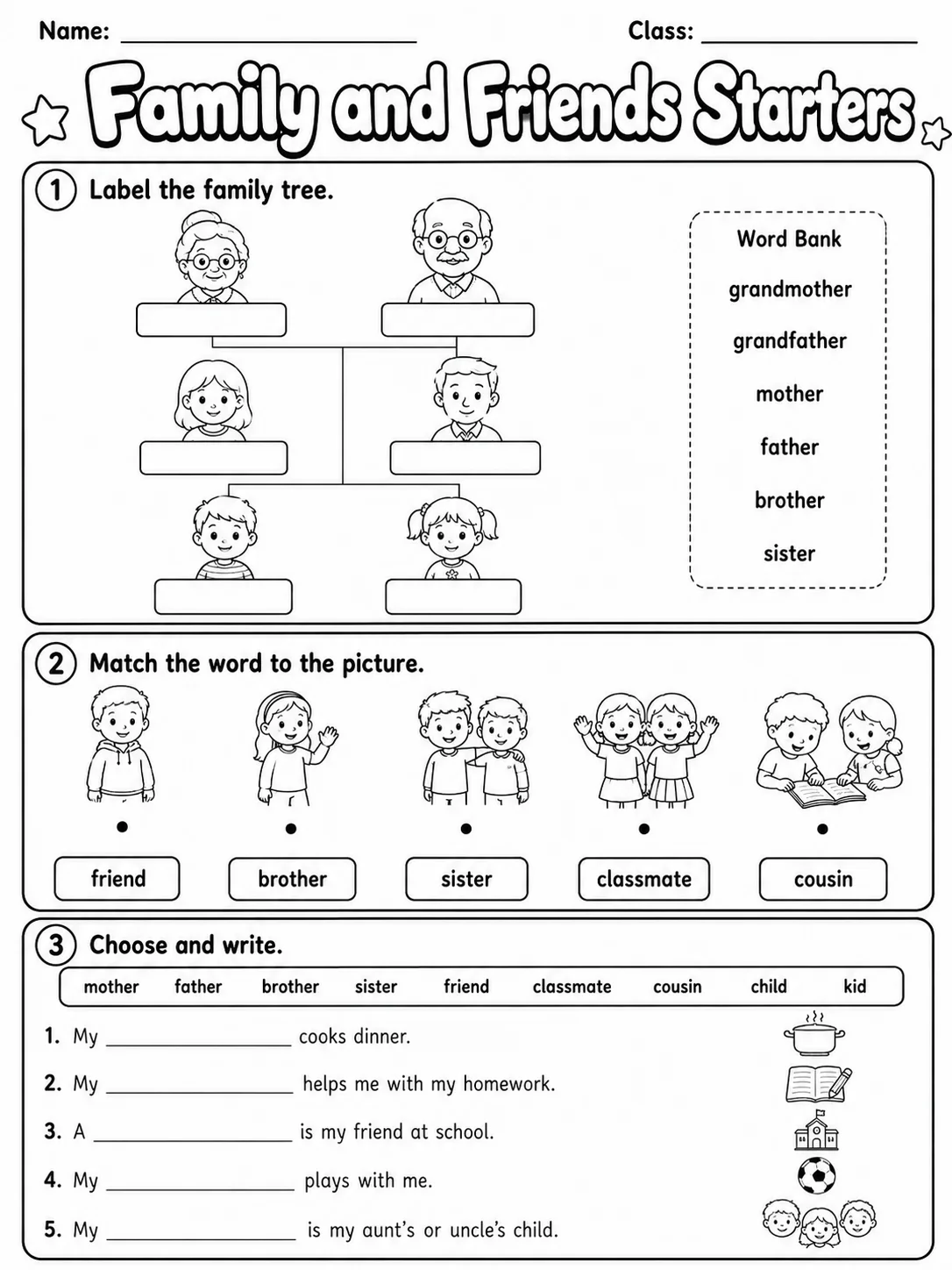 Family and Friends Starters Vocabulary Worksheet Pack page 2 printable worksheet preview