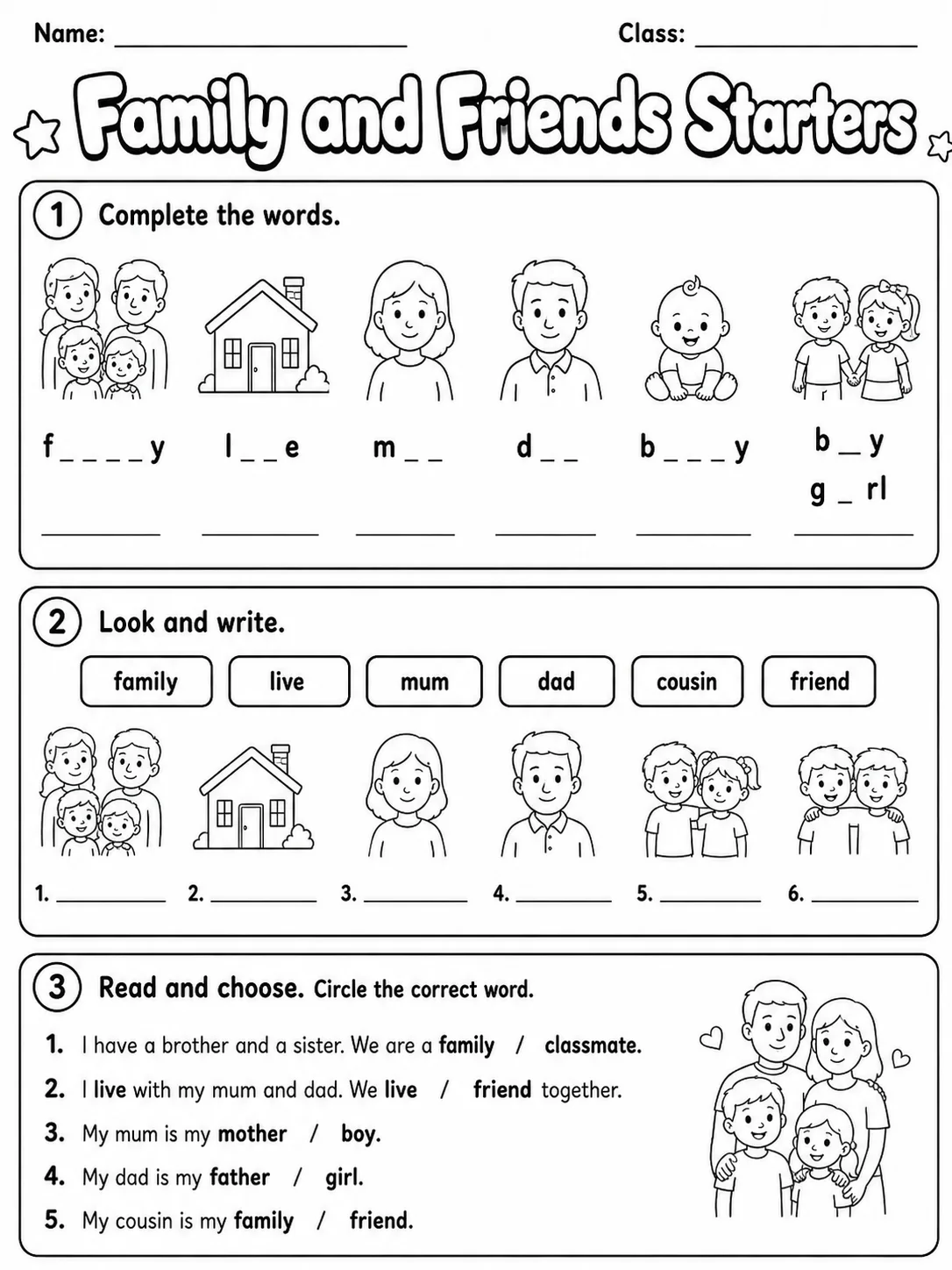 Family and Friends Starters Vocabulary Worksheet Pack page 3 printable worksheet preview