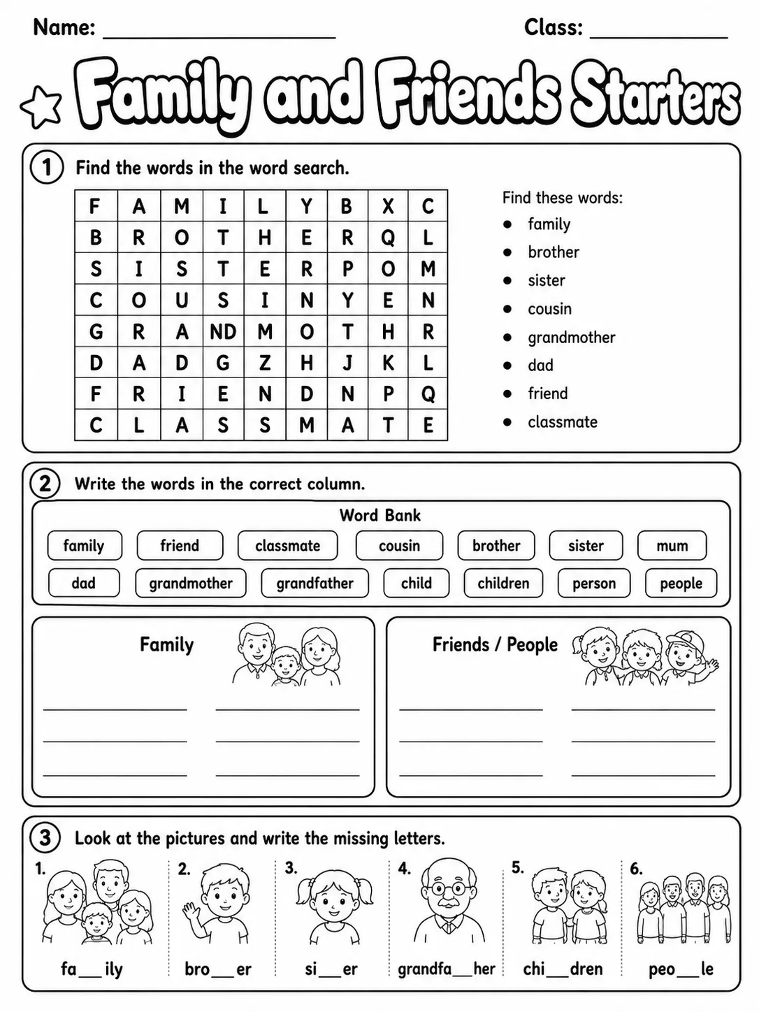 Family and Friends Starters Vocabulary Worksheet Pack page 5 printable worksheet preview