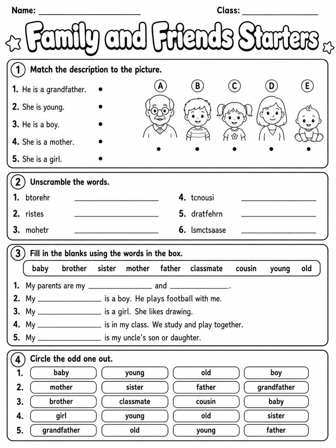 Family and Friends Starters Vocabulary Worksheet Pack page 6 printable worksheet preview