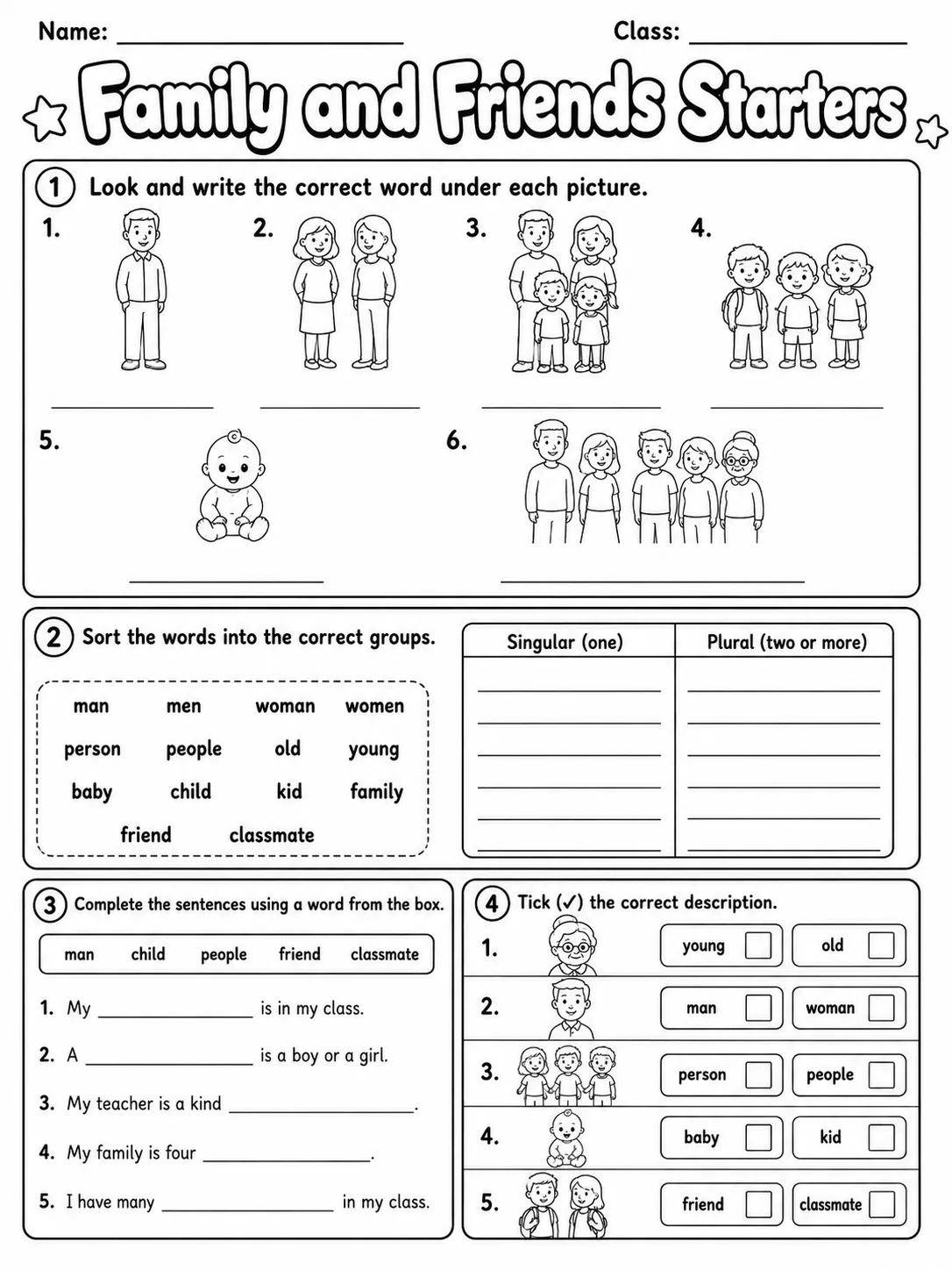 Family and Friends Starters Vocabulary Worksheet Pack page 8 printable worksheet preview