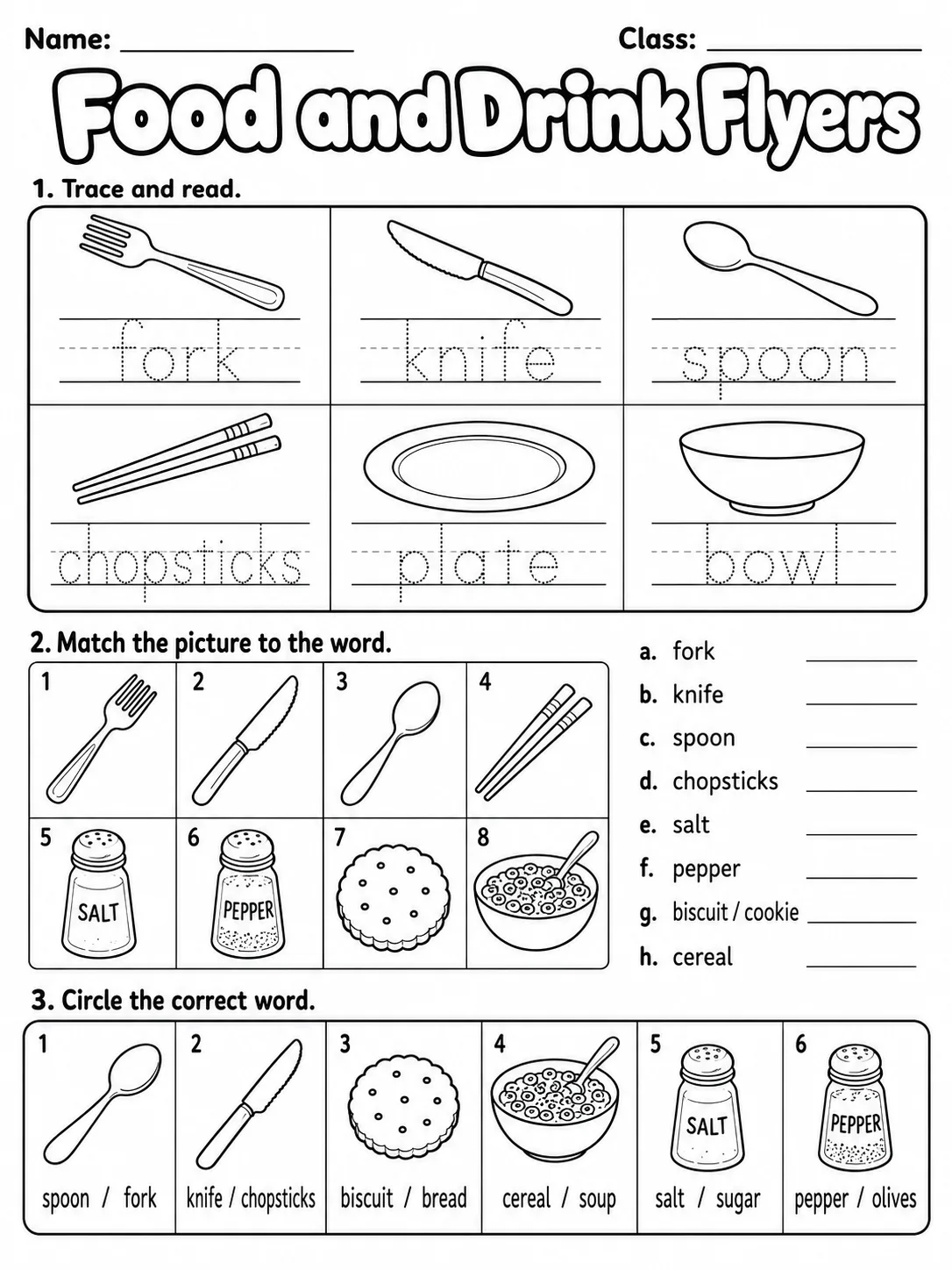 Food and Drink Flyers Vocabulary Worksheet Pack printable Flyers English worksheet bundle preview from KiwiBee