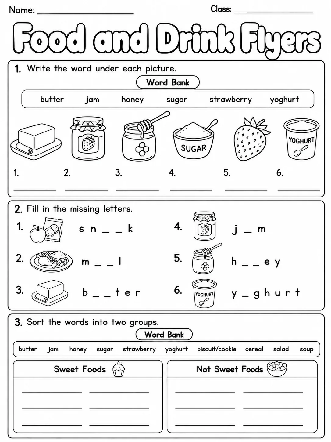 Food and Drink Flyers Vocabulary Worksheet Pack page 2 printable worksheet preview