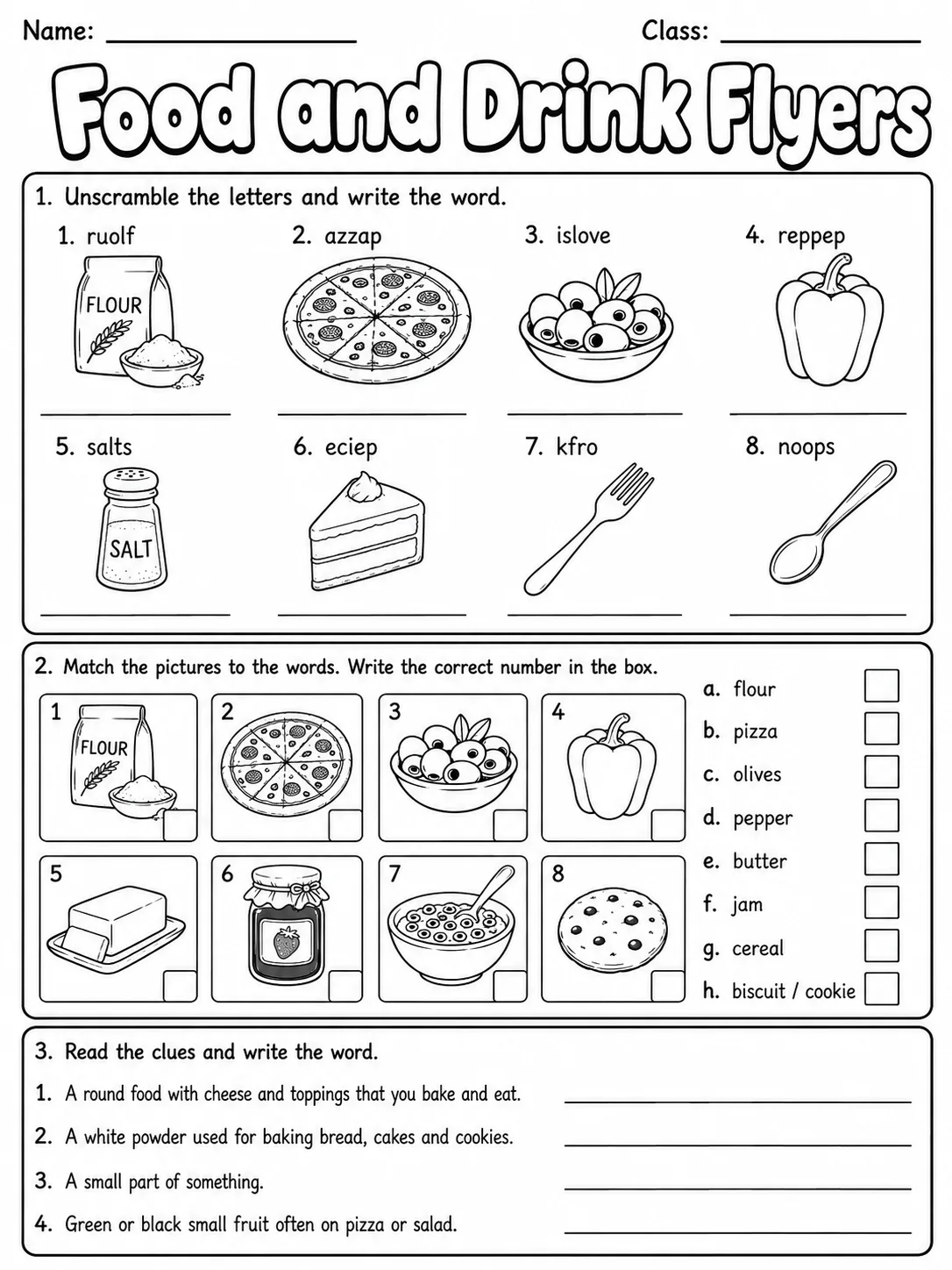 Food and Drink Flyers Vocabulary Worksheet Pack page 3 printable worksheet preview