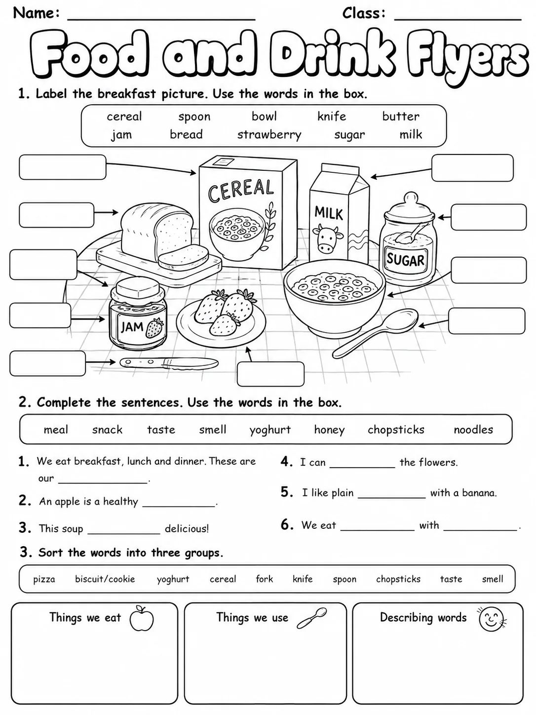 Food and Drink Flyers Vocabulary Worksheet Pack page 4 printable worksheet preview