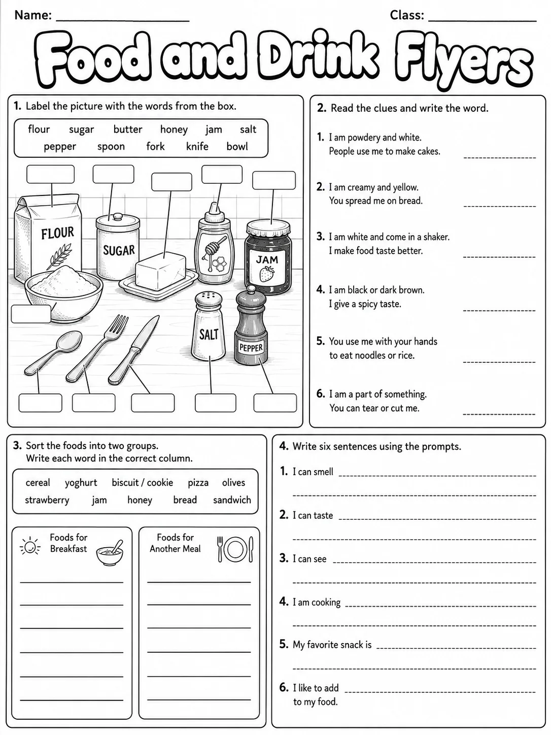 Food and Drink Flyers Vocabulary Worksheet Pack page 8 printable worksheet preview