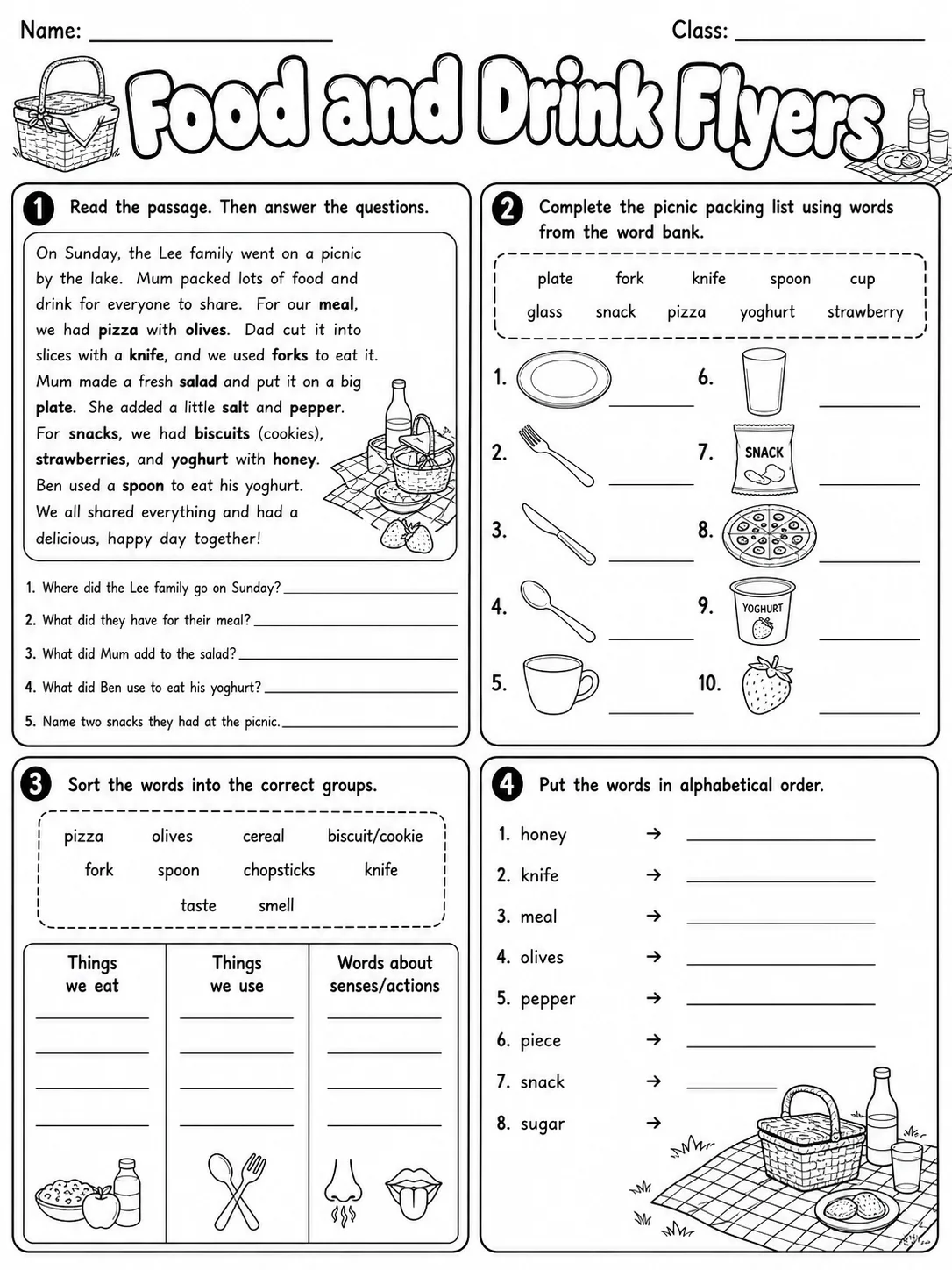 Food and Drink Flyers Vocabulary Worksheet Pack page 9 printable worksheet preview