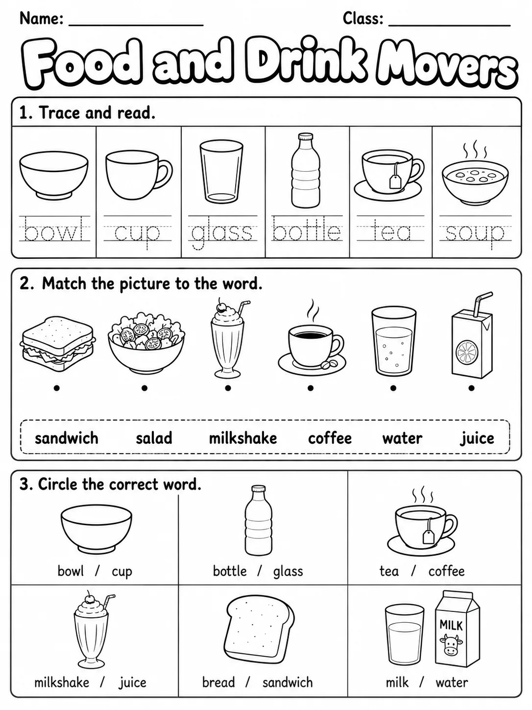 Food and Drink Movers Vocabulary Worksheet Pack printable Movers English worksheet bundle preview from KiwiBee