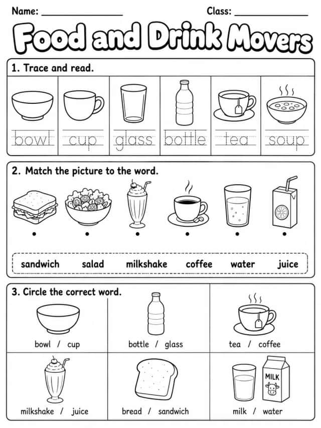 Food and Drink Movers Vocabulary Worksheet Pack