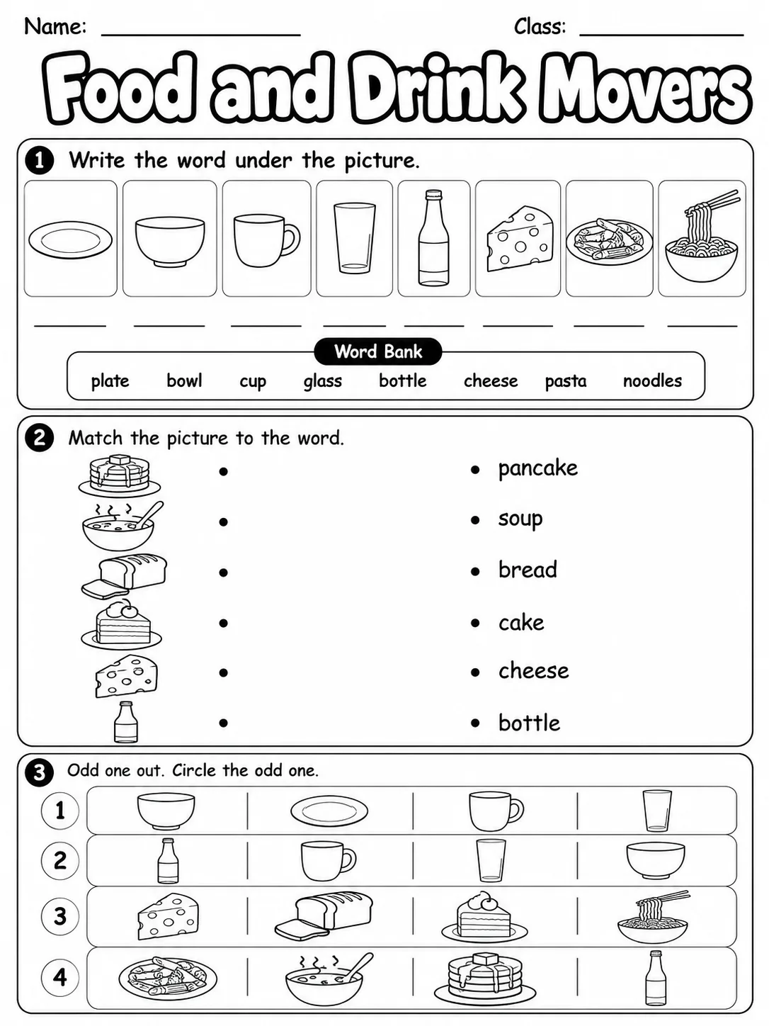 Food and Drink Movers Vocabulary Worksheet Pack page 2 printable worksheet preview