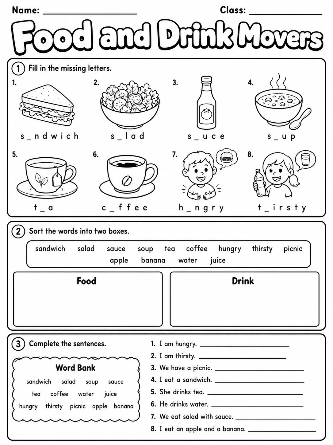 Food and Drink Movers Vocabulary Worksheet Pack page 3 printable worksheet preview