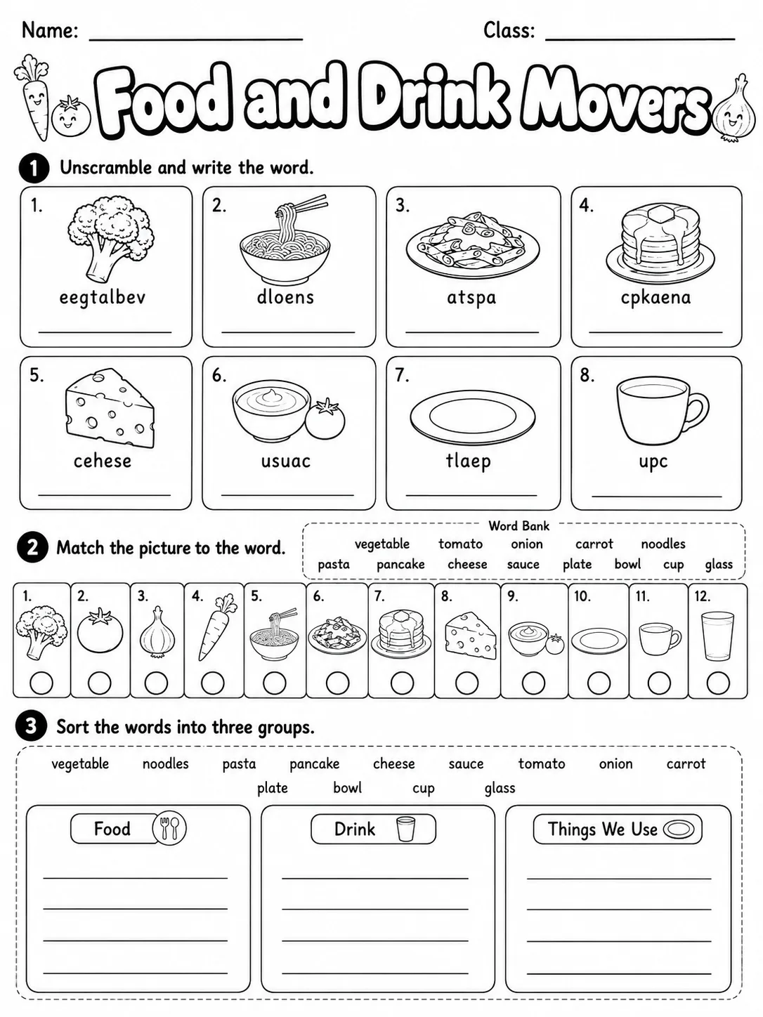 Food and Drink Movers Vocabulary Worksheet Pack page 4 printable worksheet preview
