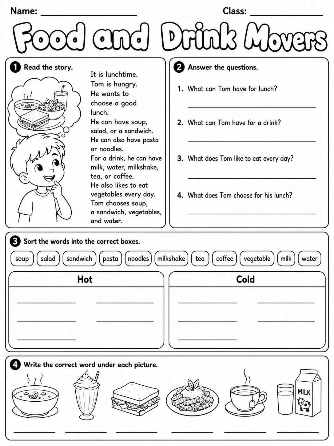 Food and Drink Movers Vocabulary Worksheet Pack page 6 printable worksheet preview