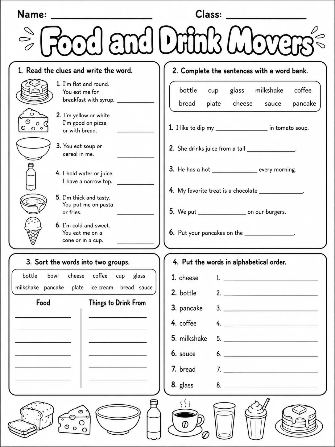 Food and Drink Movers Vocabulary Worksheet Pack page 7 printable worksheet preview