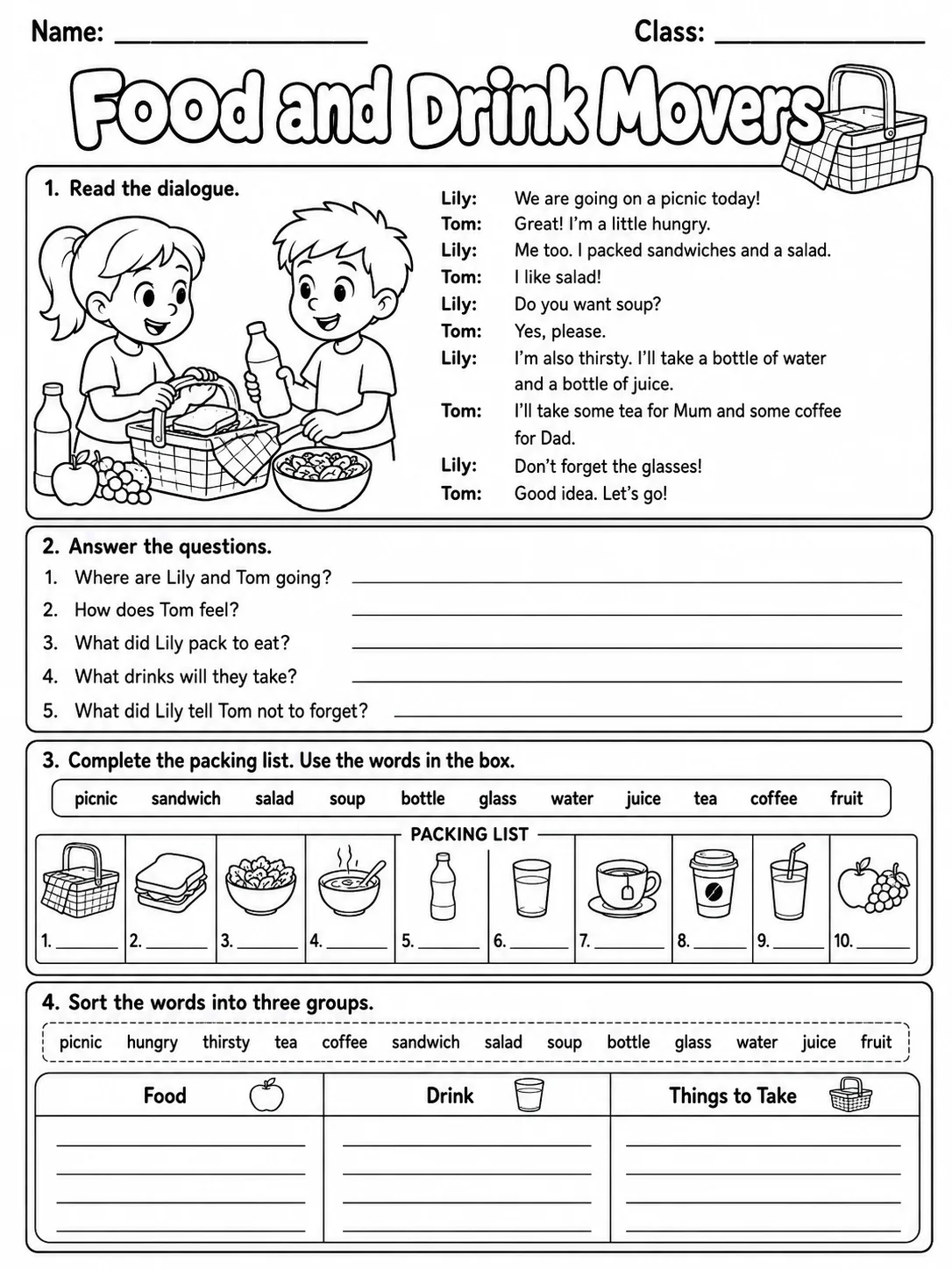 Food and Drink Movers Vocabulary Worksheet Pack page 8 printable worksheet preview
