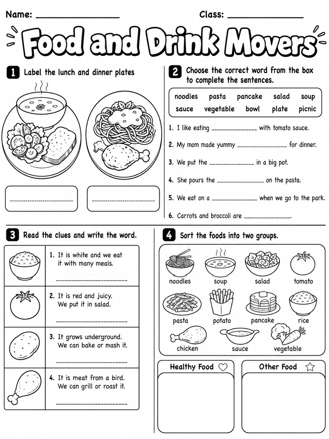Food and Drink Movers Vocabulary Worksheet Pack page 9 printable worksheet preview