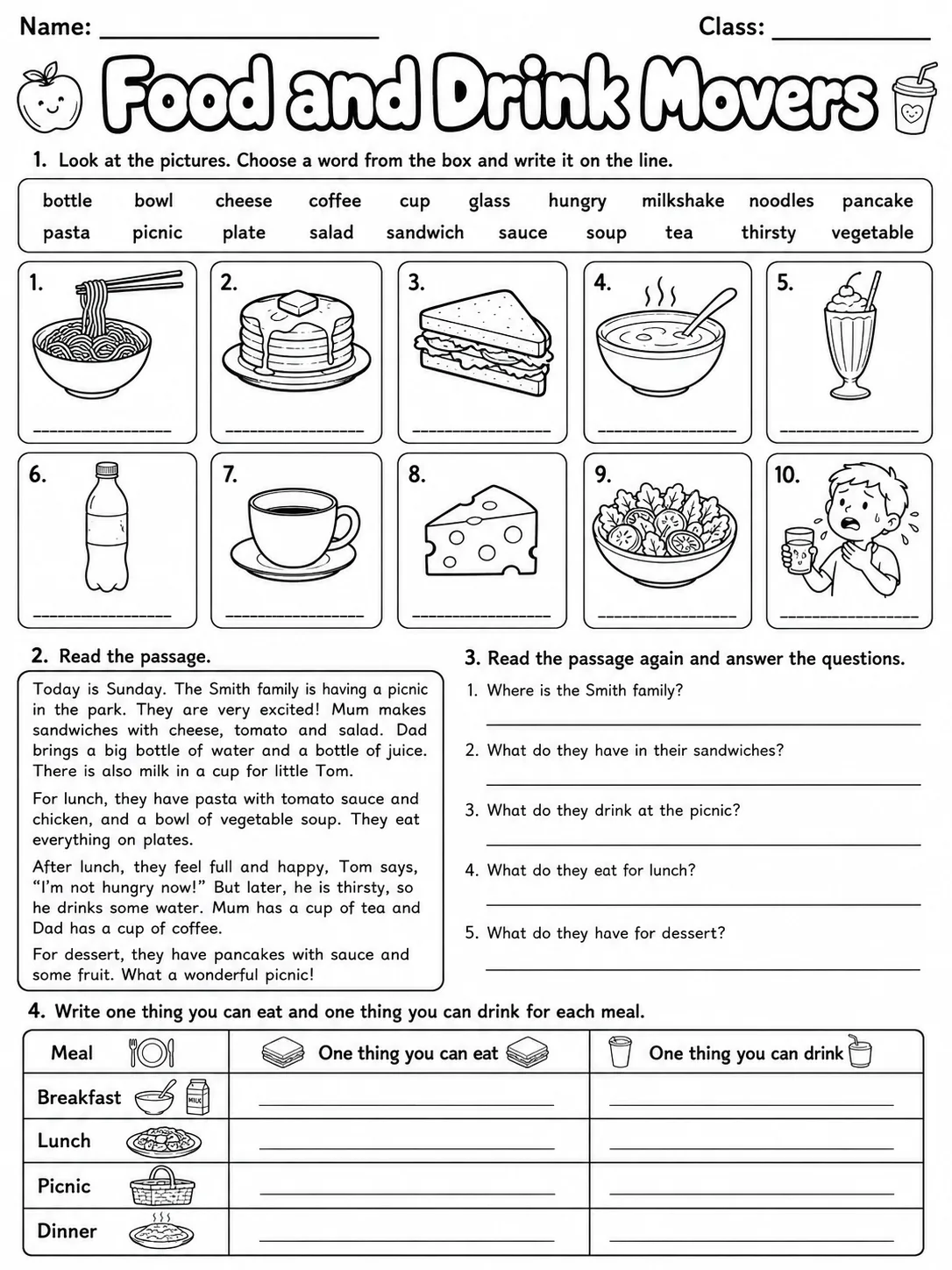 Food and Drink Movers Vocabulary Worksheet Pack page 10 printable worksheet preview