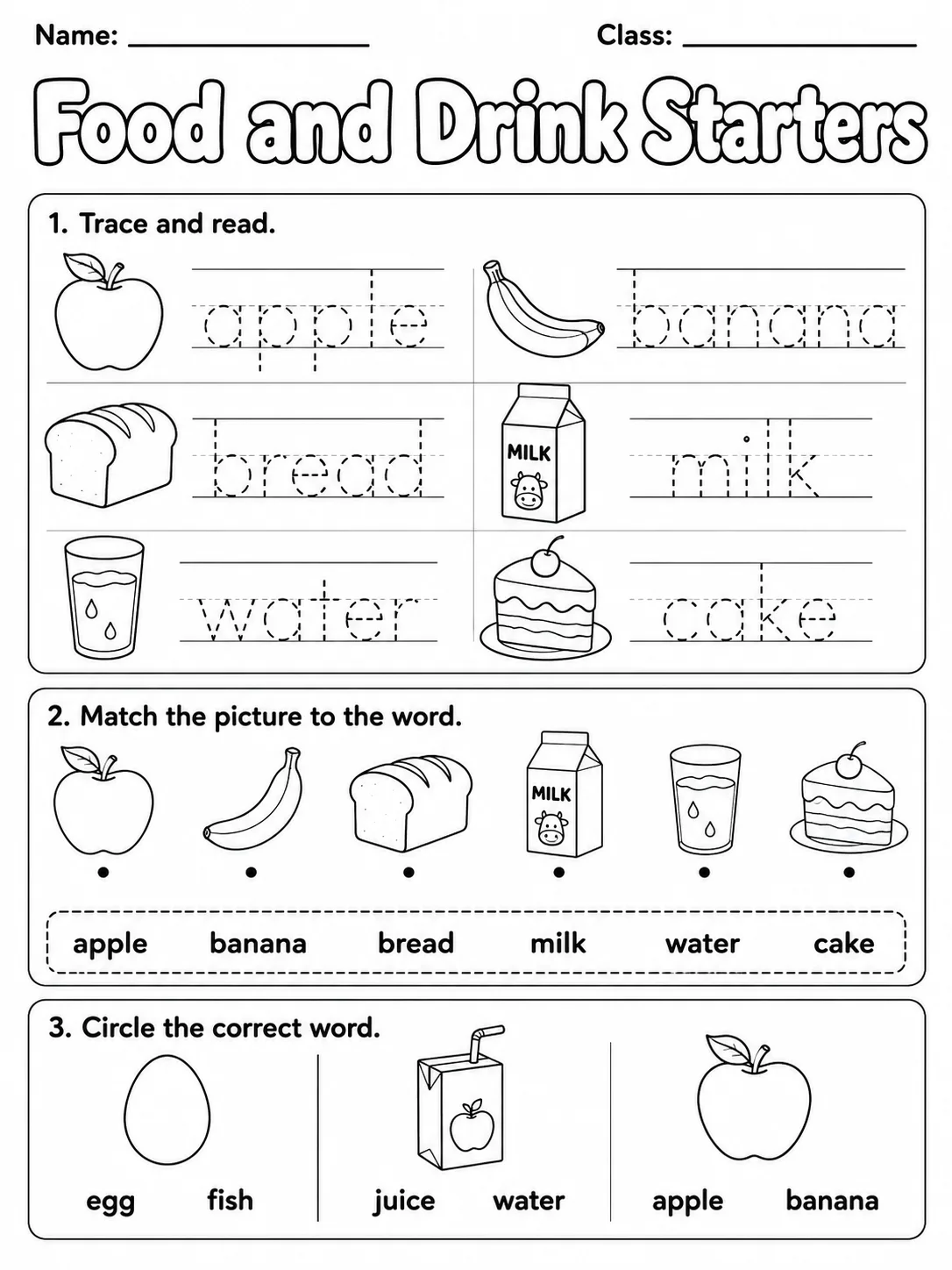 Food and Drink Starters Vocabulary Worksheet Pack printable Starters English worksheet bundle preview from KiwiBee