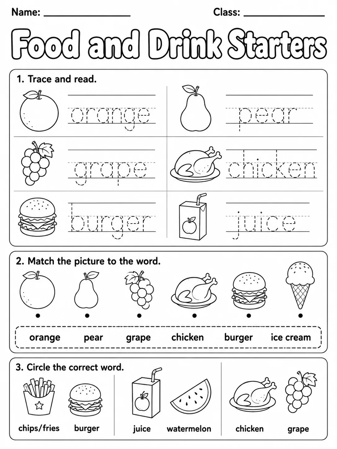 Food and Drink Starters Vocabulary Worksheet Pack page 2 printable worksheet preview
