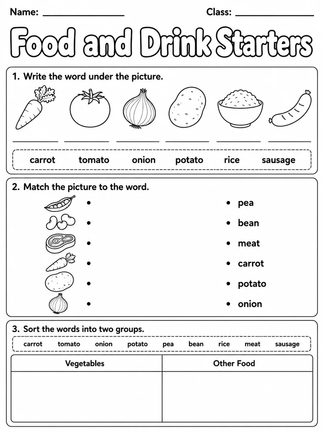 Food and Drink Starters Vocabulary Worksheet Pack page 3 printable worksheet preview