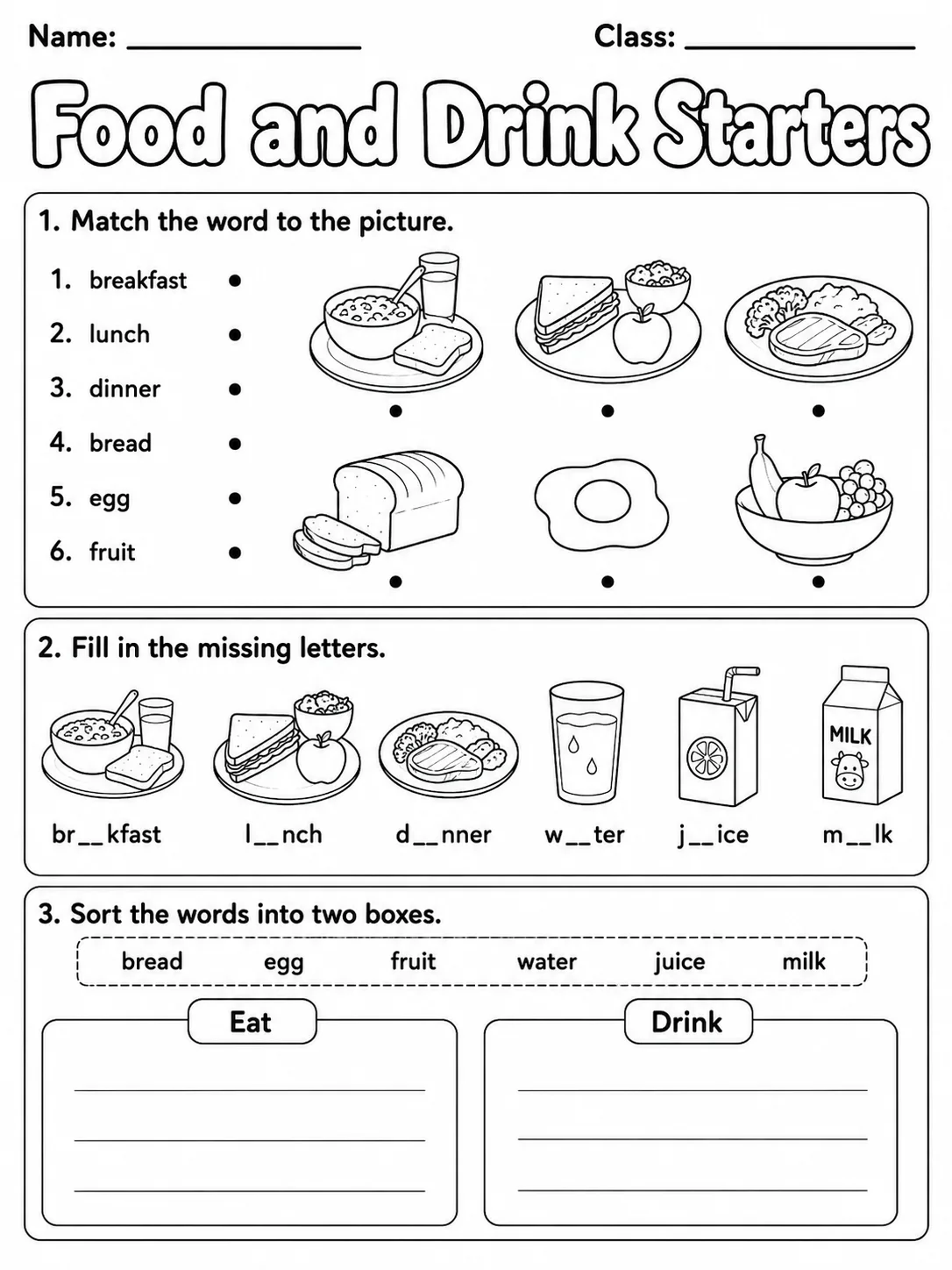 Food and Drink Starters Vocabulary Worksheet Pack page 4 printable worksheet preview