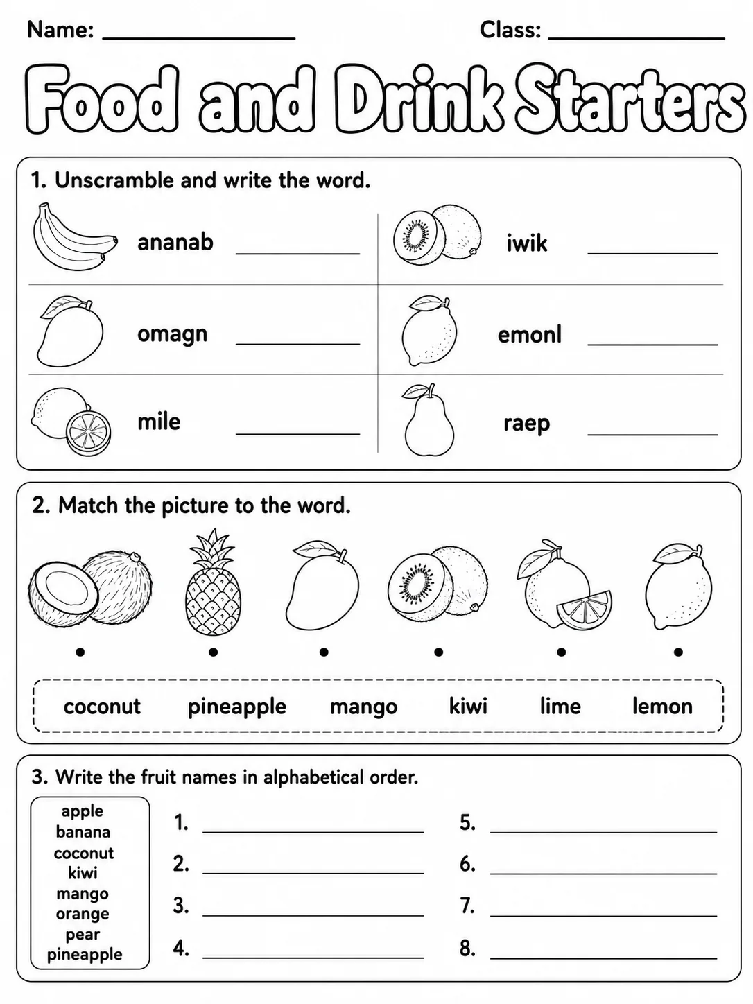 Food and Drink Starters Vocabulary Worksheet Pack page 5 printable worksheet preview