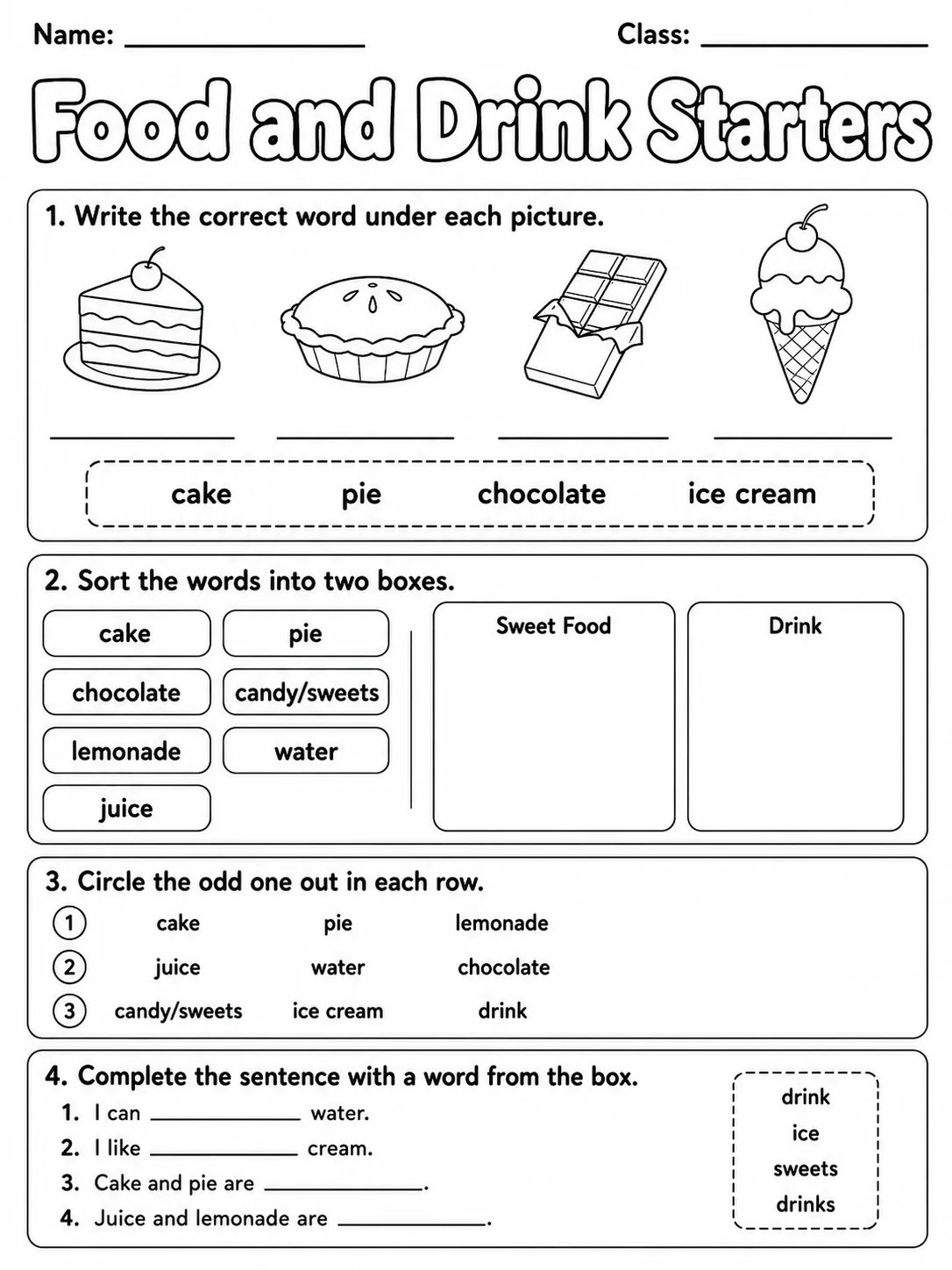Food and Drink Starters Vocabulary Worksheet Pack page 6 printable worksheet preview