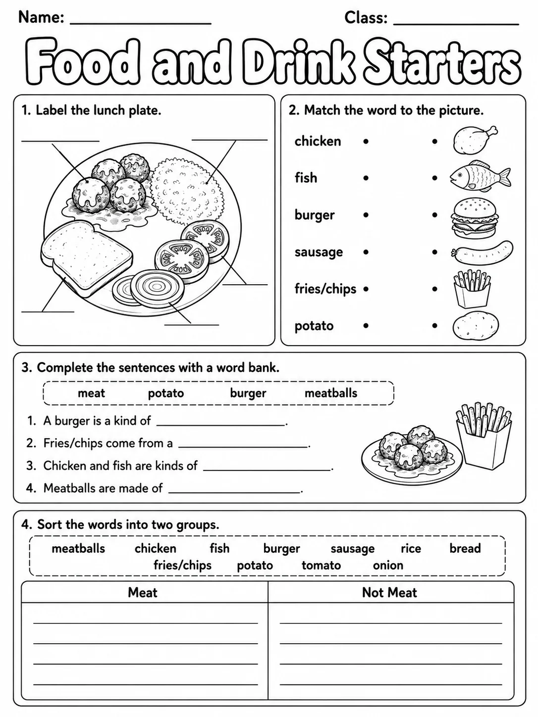 Food and Drink Starters Vocabulary Worksheet Pack page 7 printable worksheet preview